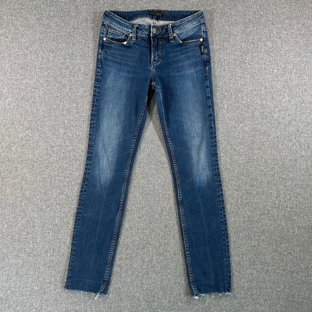 Silver Jeans Co Elyse Slim Dark Wash Raw Hem Stretch Denim W25 L27 Womens Jeans